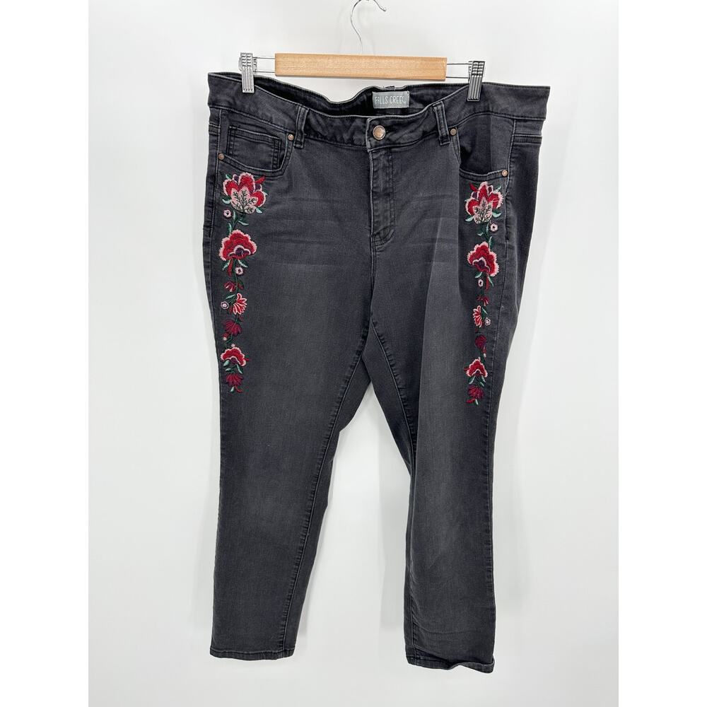 Falls Creek Women 18 Black‎ Floral Embroidered Skinny Jeans Stretch Denim CF31